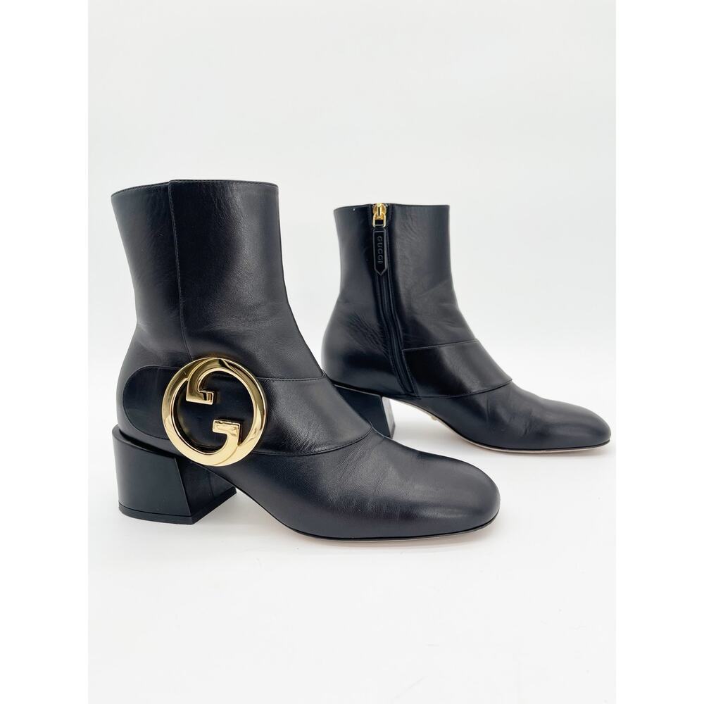 Gucci Malaga Black Leather GG Blondie Round Toe Block Heel Ankle Boots IT 37